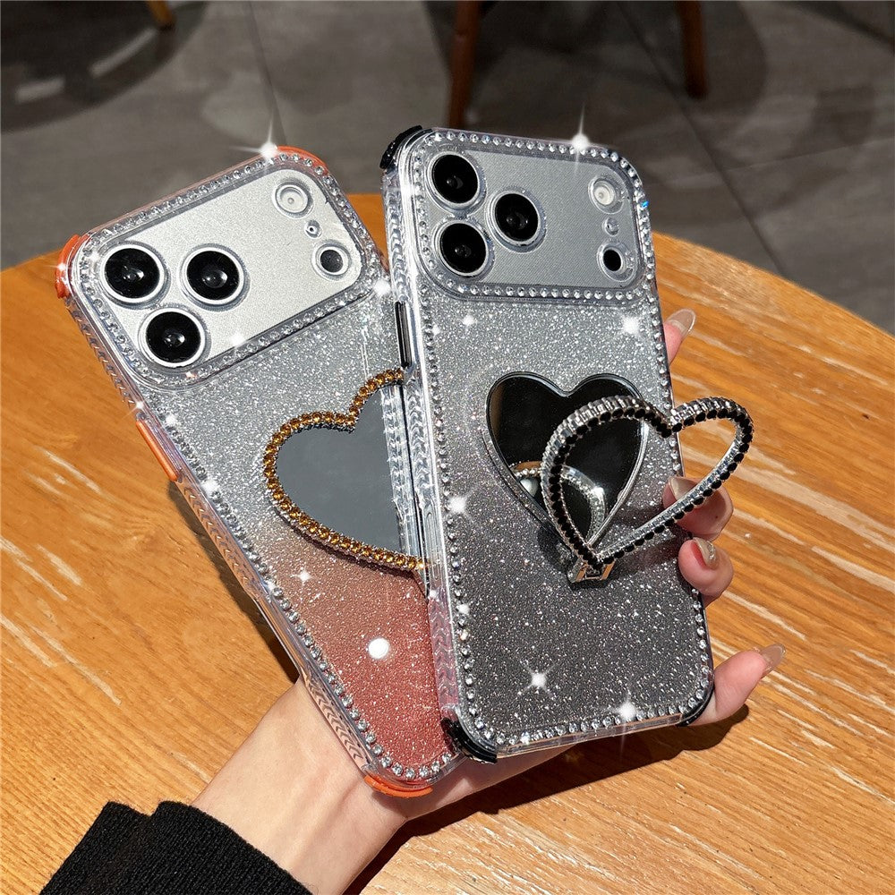 For iPhone 17 Pro Max Case with Heart Shape Kickstand 2 in 1 Rhinestone Glitter PC TPU Shockproof Cover