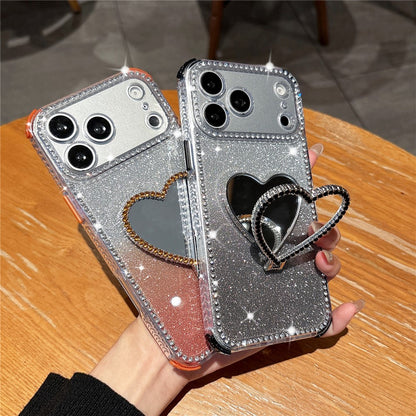 For iPhone 17 Pro Max Case with Heart Shape Kickstand 2 in 1 Rhinestone Glitter PC TPU Shockproof Cover