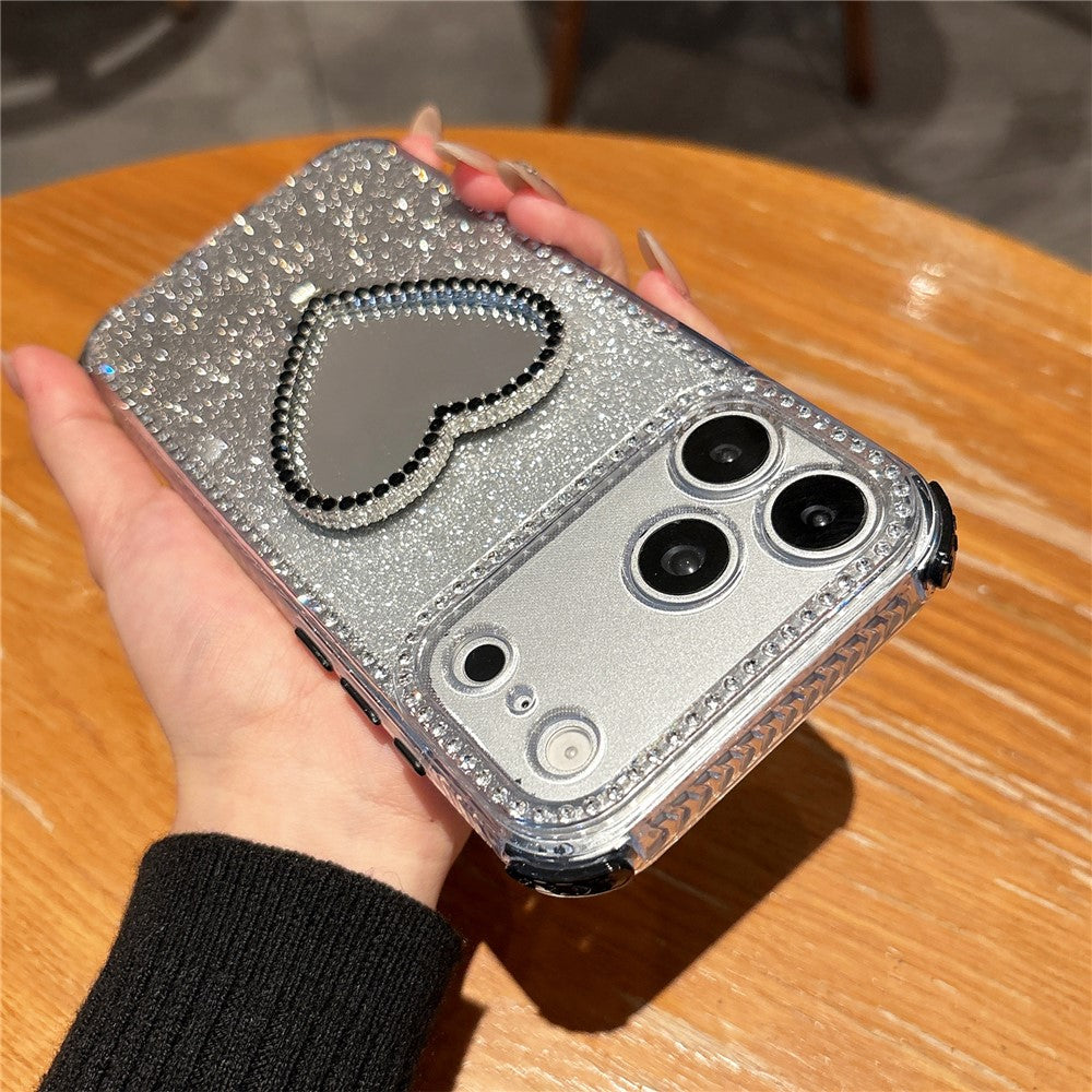 For iPhone 17 Pro Max Case with Heart Shape Kickstand 2 in 1 Rhinestone Glitter PC TPU Shockproof Cover