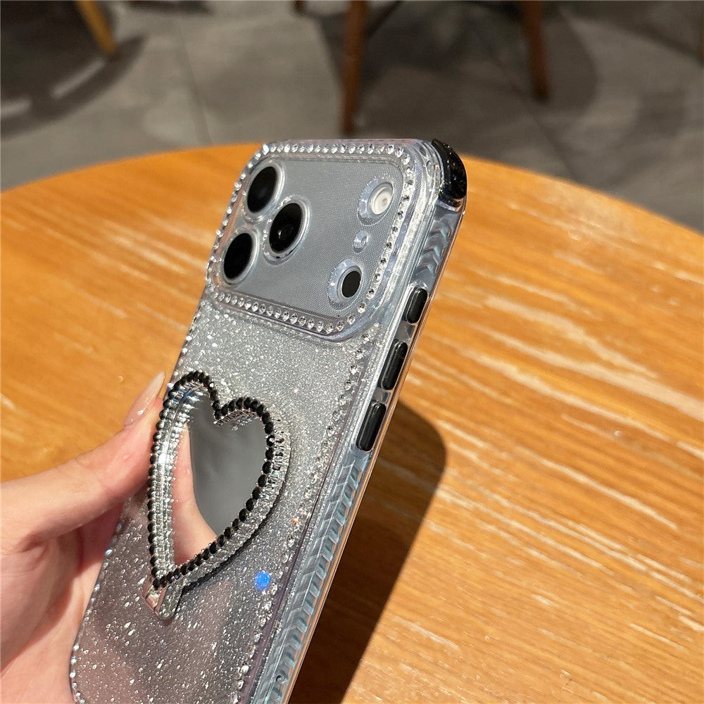 For iPhone 17 Pro Max Case with Heart Shape Kickstand 2 in 1 Rhinestone Glitter PC TPU Shockproof Cover