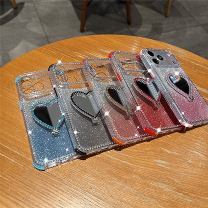 For iPhone 17 Pro Max Case with Heart Shape Kickstand 2 in 1 Rhinestone Glitter PC TPU Shockproof Cover