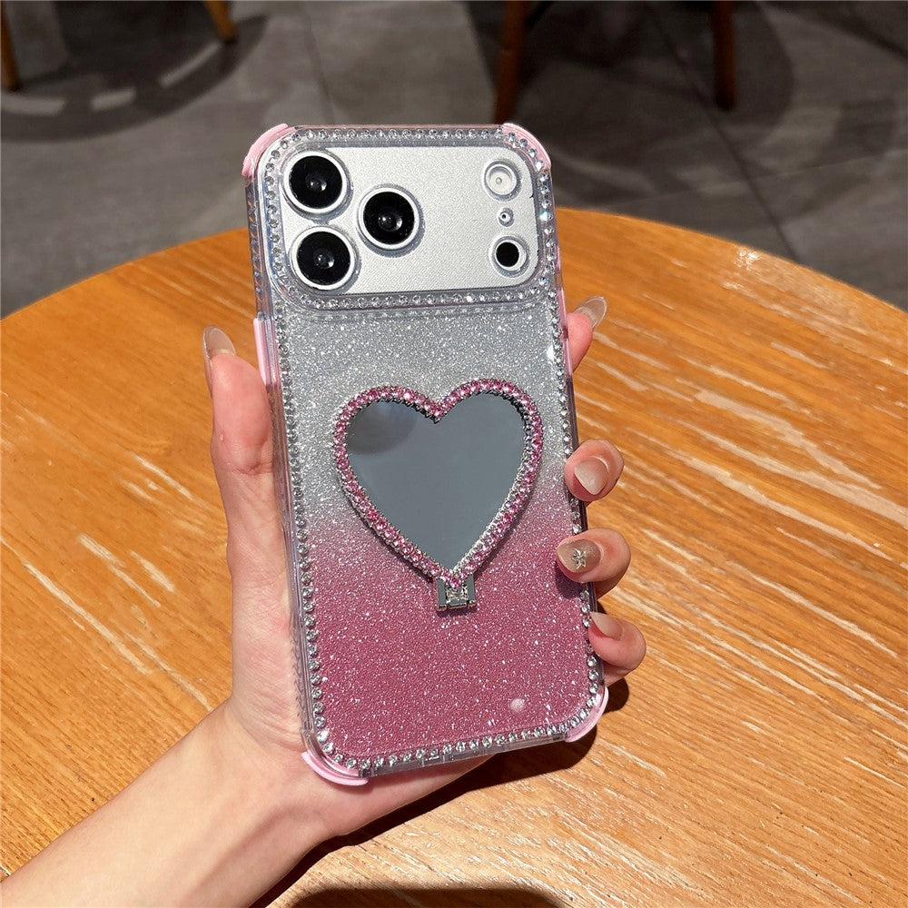 For iPhone 17 Pro Max Case with Heart Shape Kickstand 2 in 1 Rhinestone Glitter PC TPU Shockproof Cover