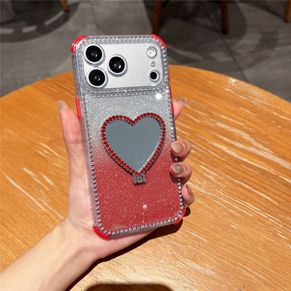 For iPhone 17 Pro Max Case with Heart Shape Kickstand 2 in 1 Rhinestone Glitter PC TPU Shockproof Cover