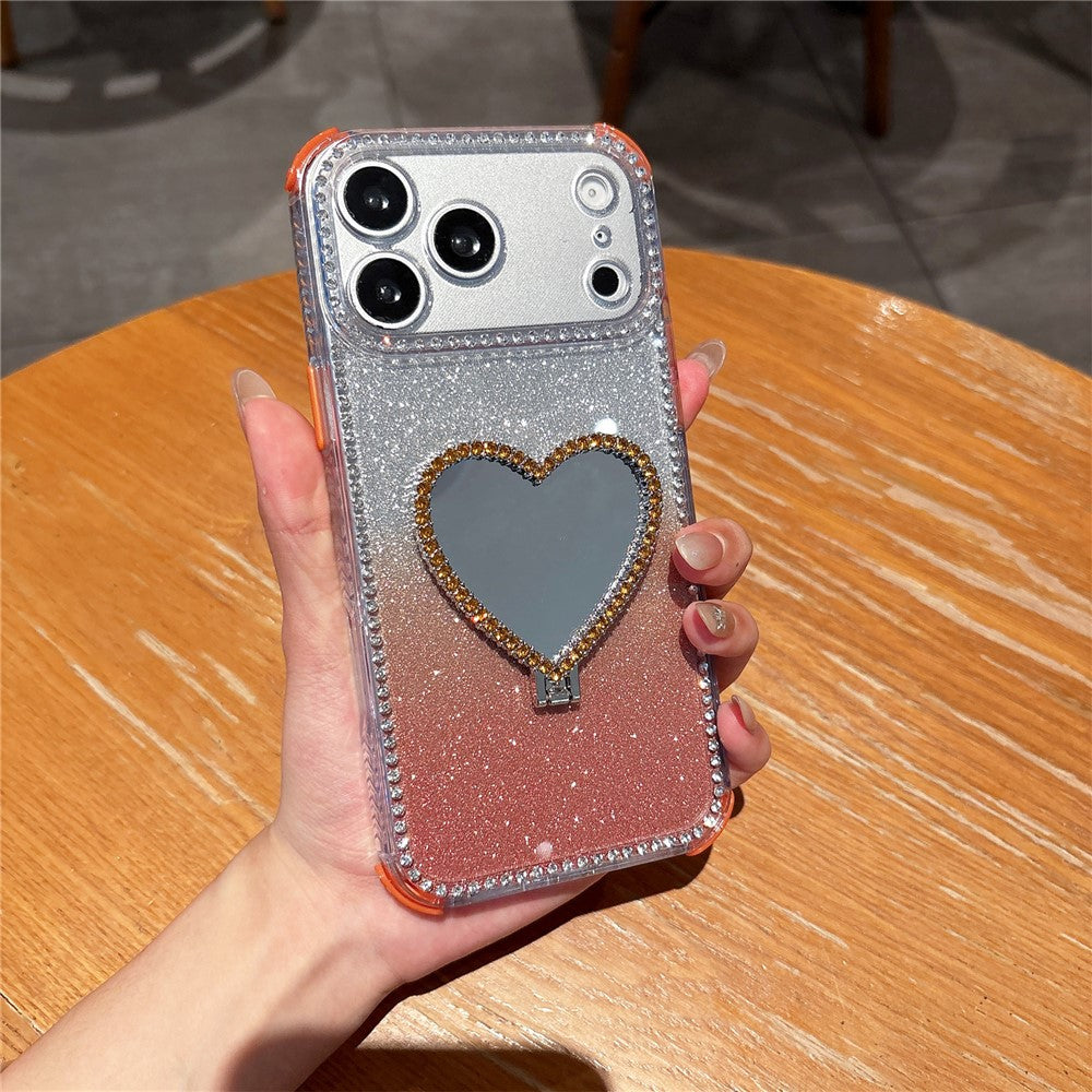 For iPhone 17 Pro Max Case with Heart Shape Kickstand 2 in 1 Rhinestone Glitter PC TPU Shockproof Cover