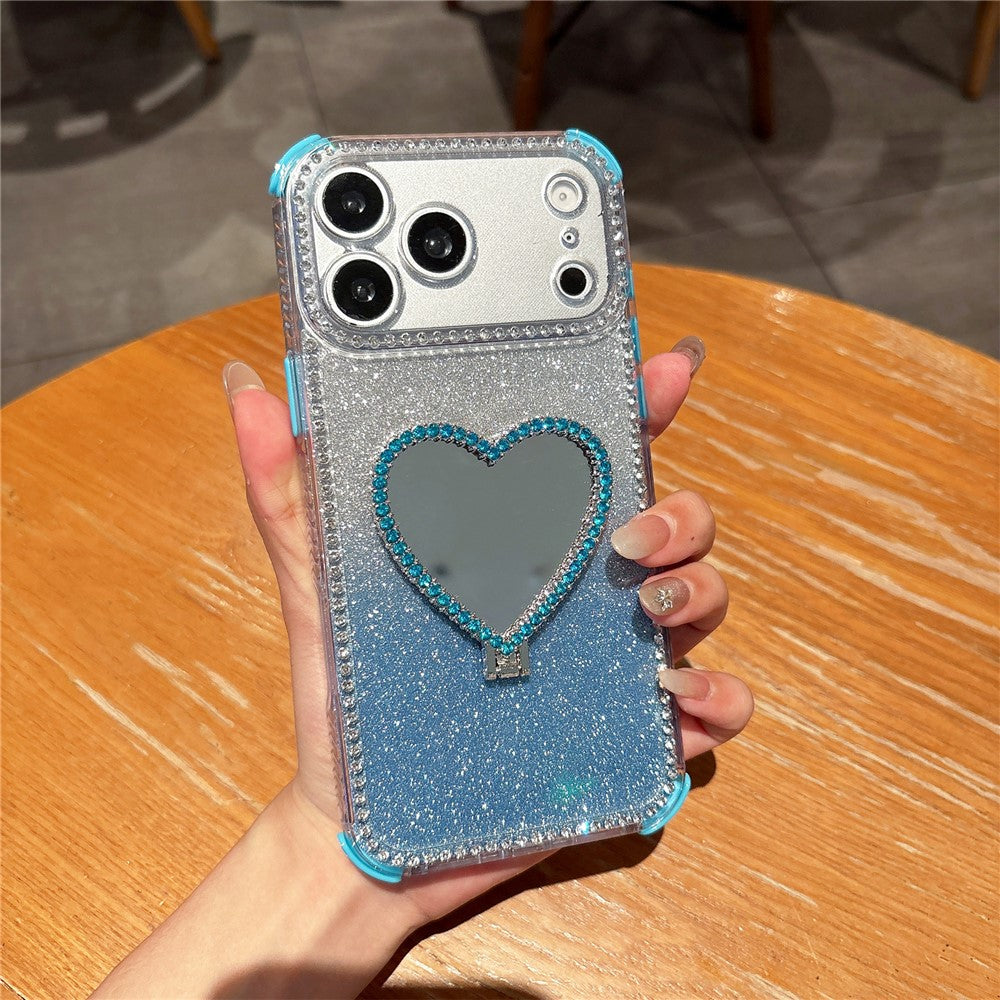 For iPhone 17 Pro Max Case with Heart Shape Kickstand 2 in 1 Rhinestone Glitter PC TPU Shockproof Cover