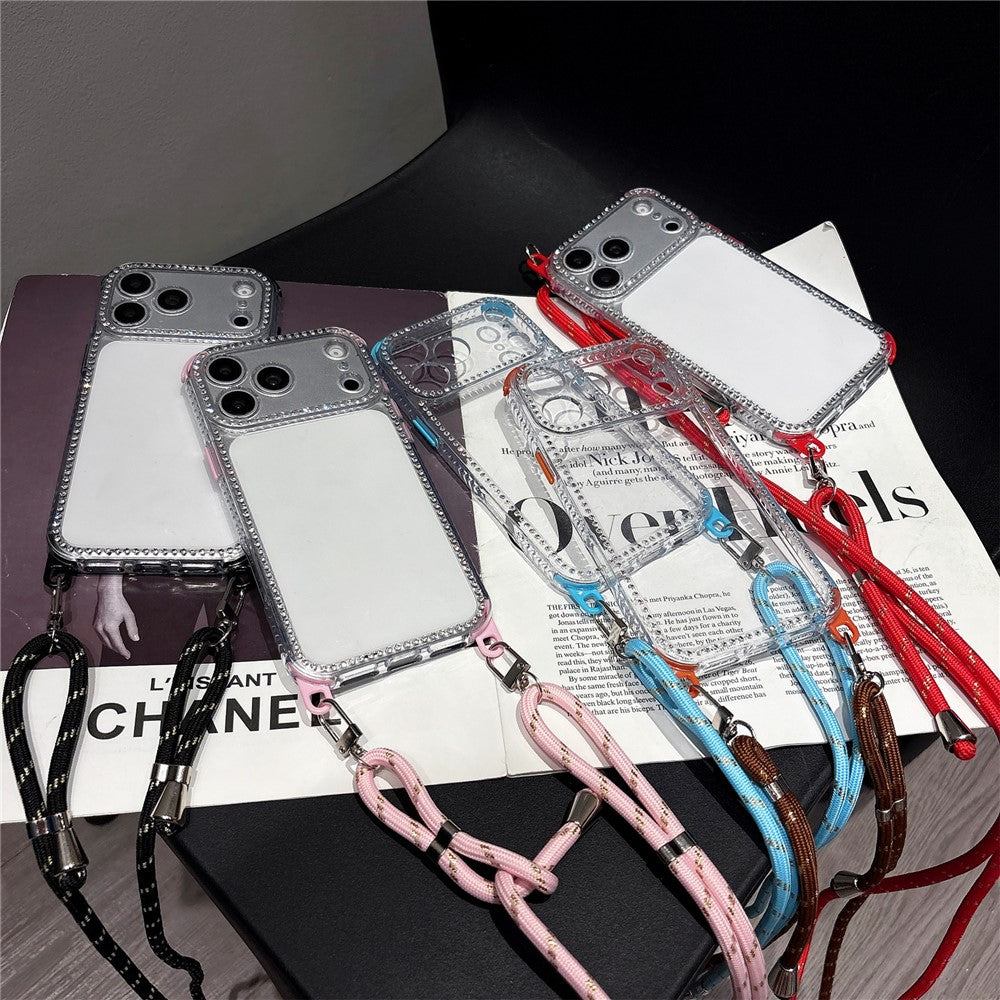 For iPhone 17 Pro Clear Phone Case with 70-140cm Long Strap Rhinestone Decor PC TPU Shockproof Cover