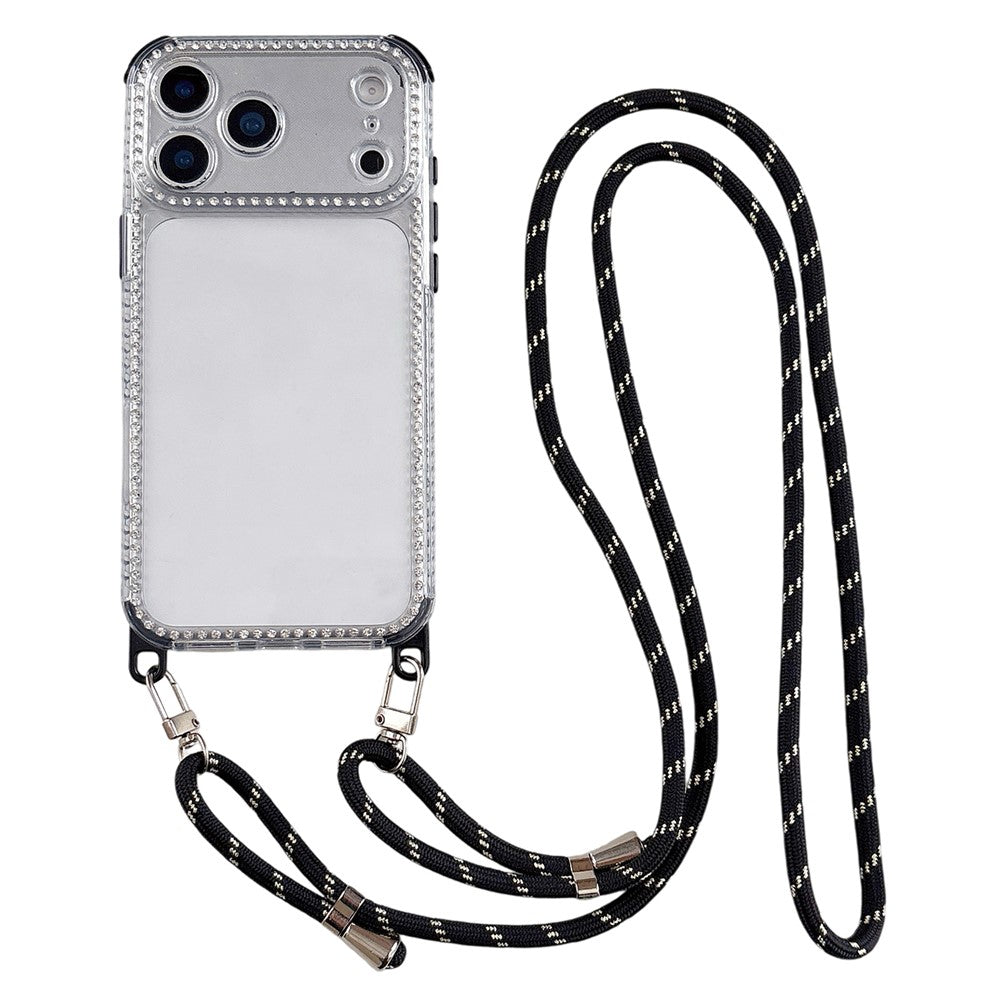 For iPhone 17 Pro Clear Phone Case with 70-140cm Long Strap Rhinestone Decor PC TPU Shockproof Cover