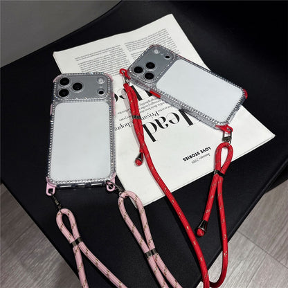 For iPhone 17 Pro Clear Phone Case with 70-140cm Long Strap Rhinestone Decor PC TPU Shockproof Cover