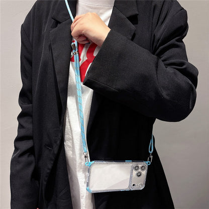 For iPhone 17 Pro Clear Phone Case with 70-140cm Long Strap Rhinestone Decor PC TPU Shockproof Cover