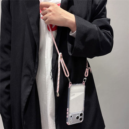 For iPhone 17 Pro Clear Phone Case with 70-140cm Long Strap Rhinestone Decor PC TPU Shockproof Cover