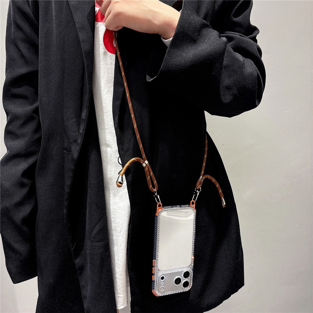 For iPhone 17 Pro Clear Phone Case with 70-140cm Long Strap Rhinestone Decor PC TPU Shockproof Cover