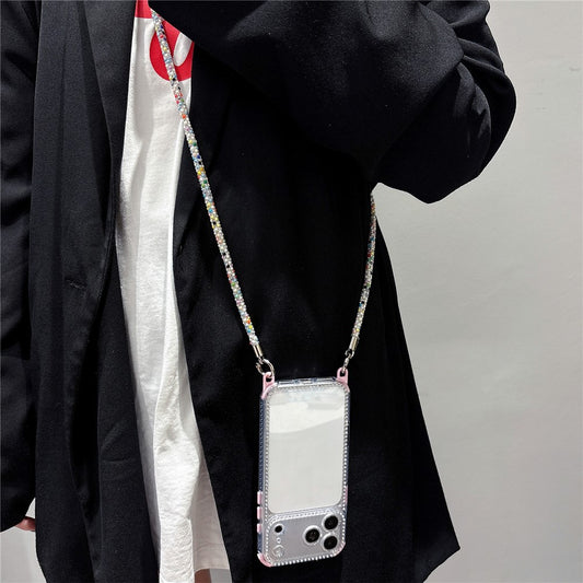 For iPhone 17 Pro Clear Phone Case with 70-140cm Colorful Chain Strap Rhinestone Decor PC TPU Shockproof Cover