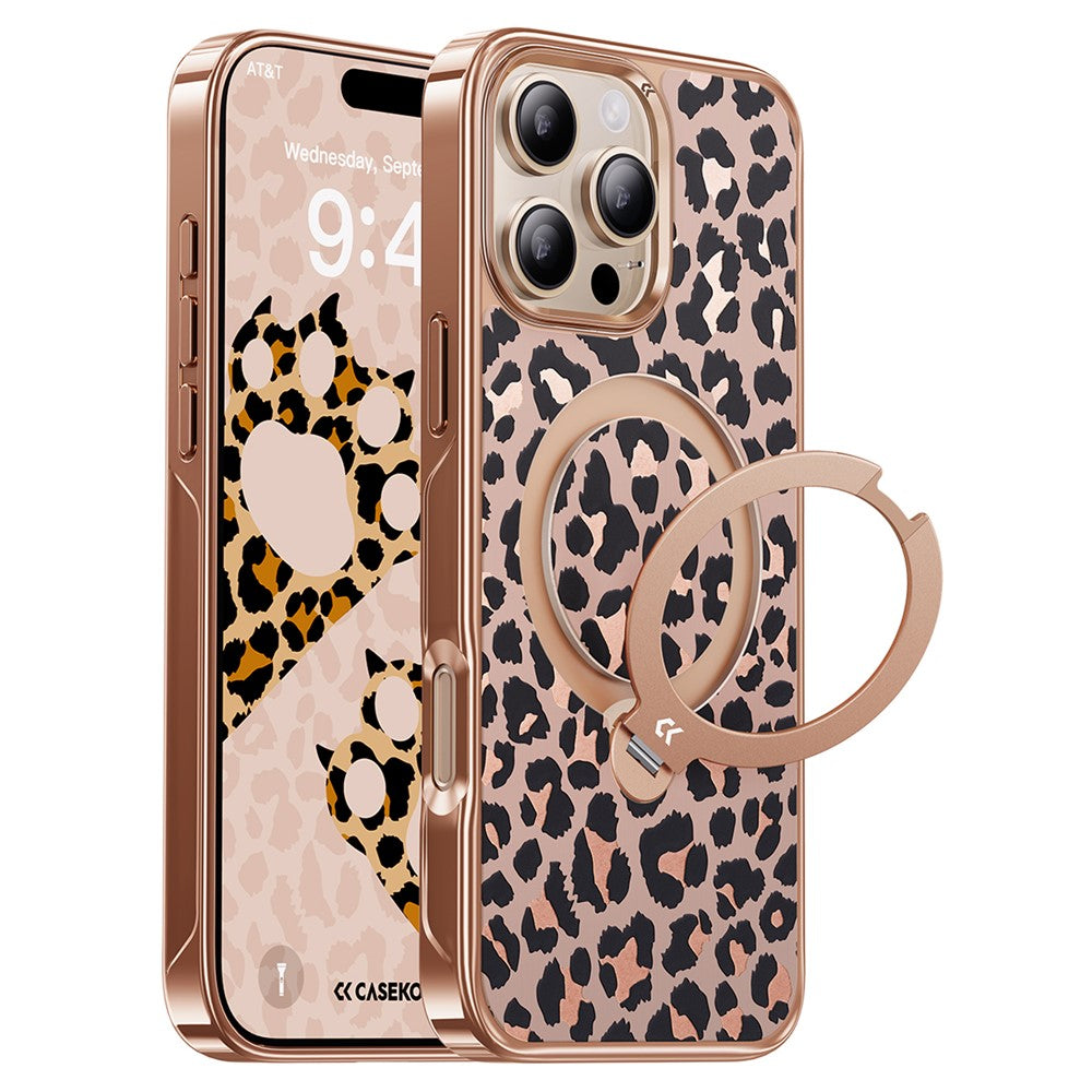 CASEKOO for iPhone 16 Pro Max Magnetic Case Leopard Print 360° Rotating Ring Kickstand PC + TPU Phone Cover