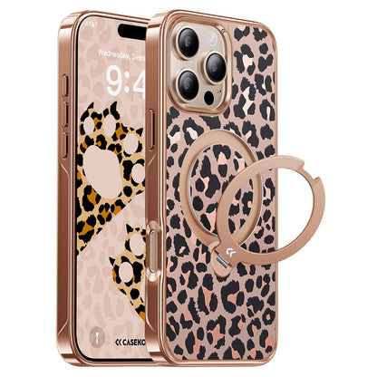 CASEKOO for iPhone 16 Pro Max Magnetic Case Leopard Print 360° Rotating Ring Kickstand PC + TPU Phone Cover