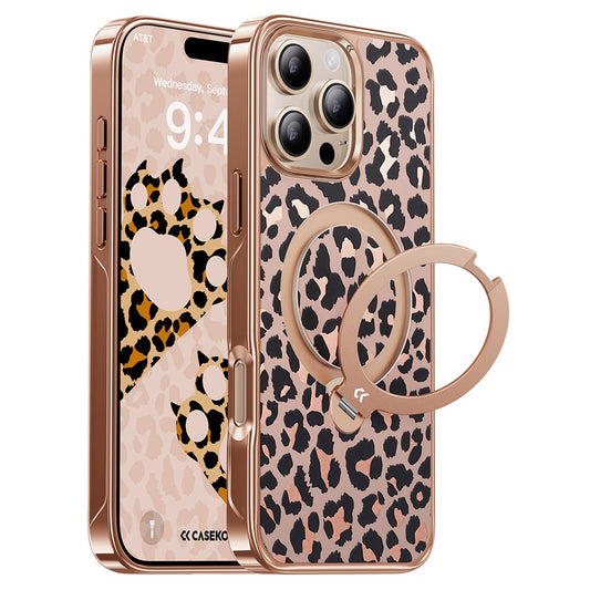 CASEKOO for iPhone 16 Pro Max Magnetic Case Leopard Print 360° Rotating Ring Kickstand PC + TPU Phone Cover