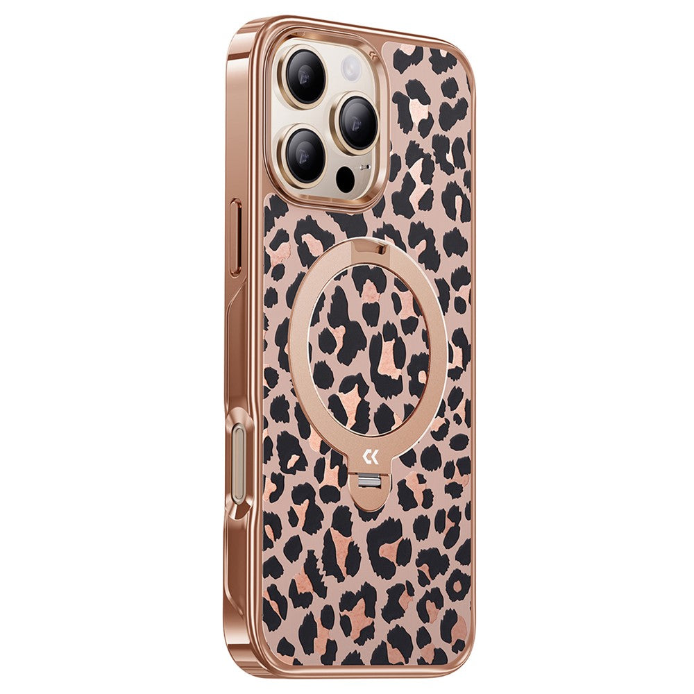 CASEKOO for iPhone 16 Pro Max Magnetic Case Leopard Print 360° Rotating Ring Kickstand PC + TPU Phone Cover