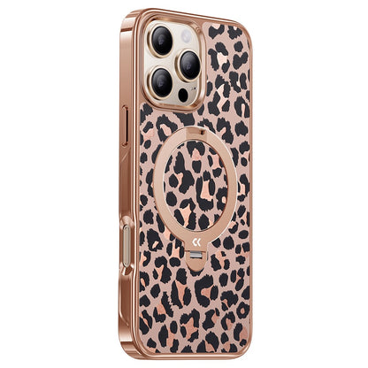 CASEKOO for iPhone 16 Pro Max Magnetic Case Leopard Print 360° Rotating Ring Kickstand PC + TPU Phone Cover