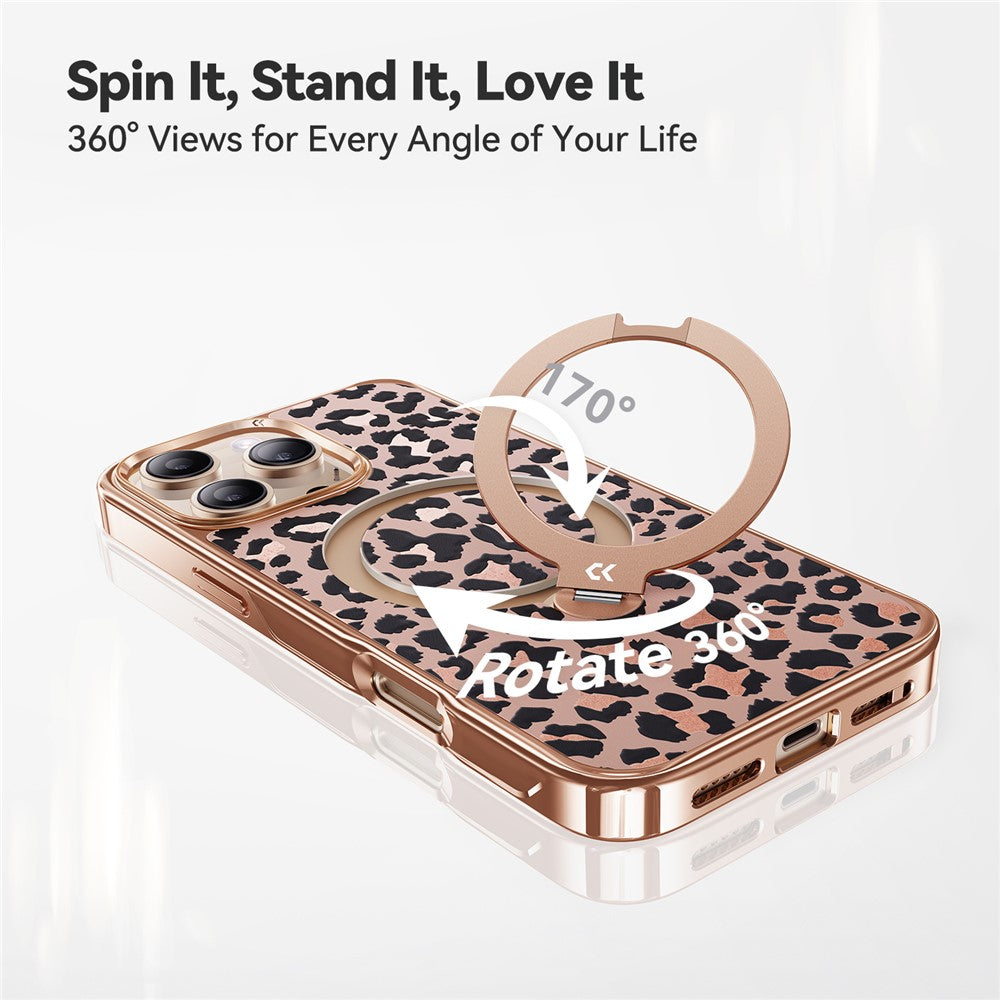 CASEKOO for iPhone 16 Pro Max Magnetic Case Leopard Print 360° Rotating Ring Kickstand PC + TPU Phone Cover