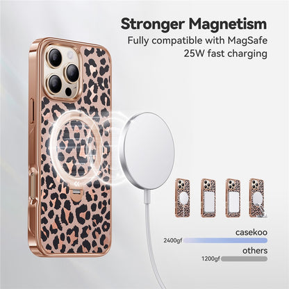 CASEKOO for iPhone 16 Pro Max Magnetic Case Leopard Print 360° Rotating Ring Kickstand PC + TPU Phone Cover