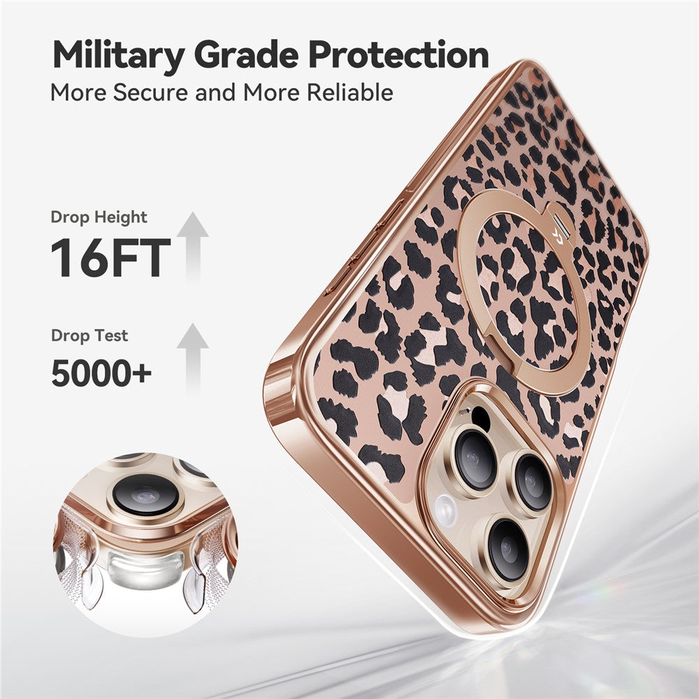 CASEKOO for iPhone 16 Pro Max Magnetic Case Leopard Print 360° Rotating Ring Kickstand PC + TPU Phone Cover