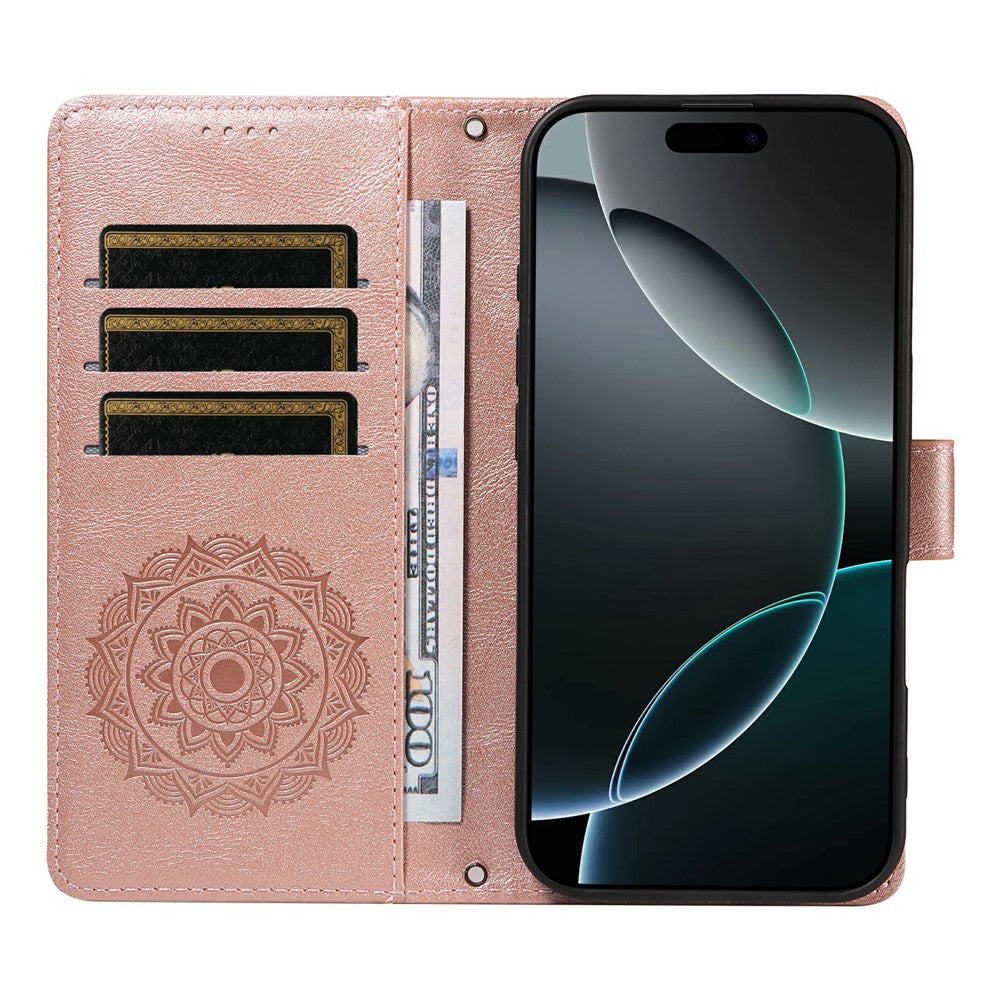 For iPhone 17 Pro Wallet Case Embossed Mandala Pattern PU Leather + TPU Cover with Wrist Strap
