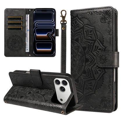 For iPhone 17 Pro Wallet Case Embossed Mandala Pattern PU Leather + TPU Cover with Wrist Strap