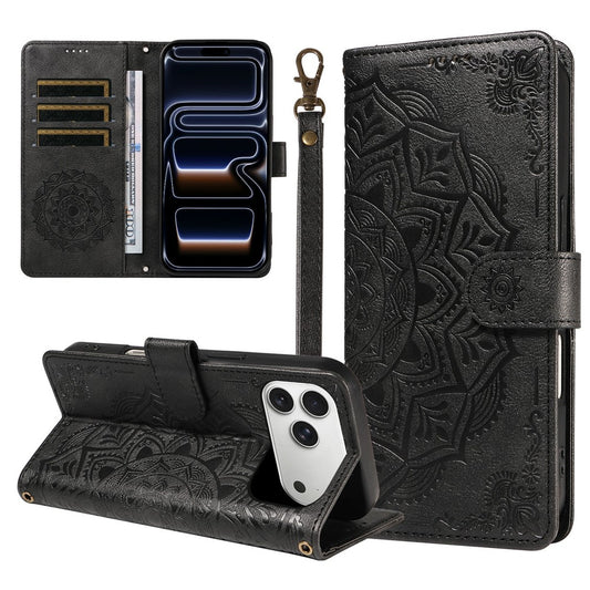 For iPhone 17 Pro Wallet Case Embossed Mandala Pattern PU Leather + TPU Cover with Wrist Strap
