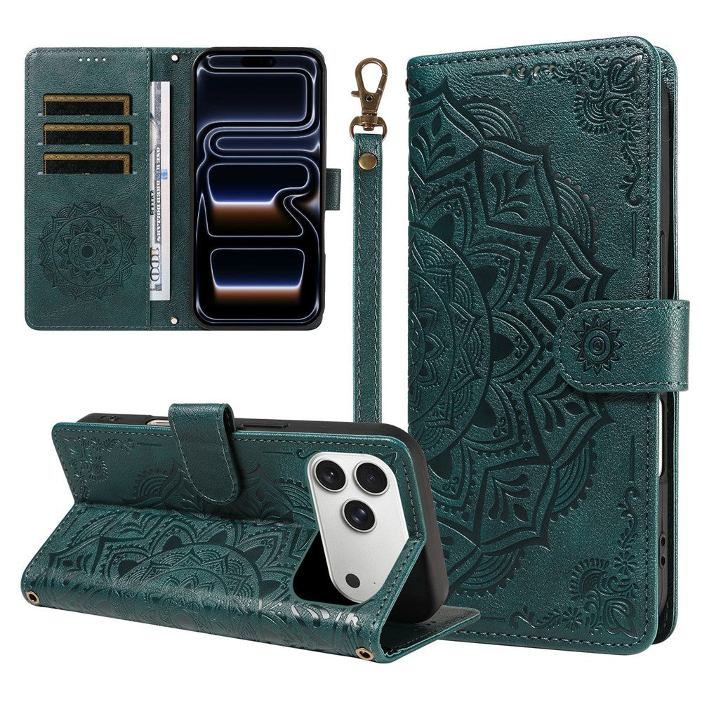 For iPhone 17 Pro Wallet Case Embossed Mandala Pattern PU Leather + TPU Cover with Wrist Strap