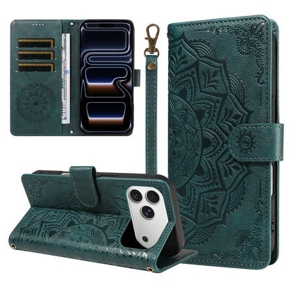 For iPhone 17 Pro Wallet Case Embossed Mandala Pattern PU Leather + TPU Cover with Wrist Strap
