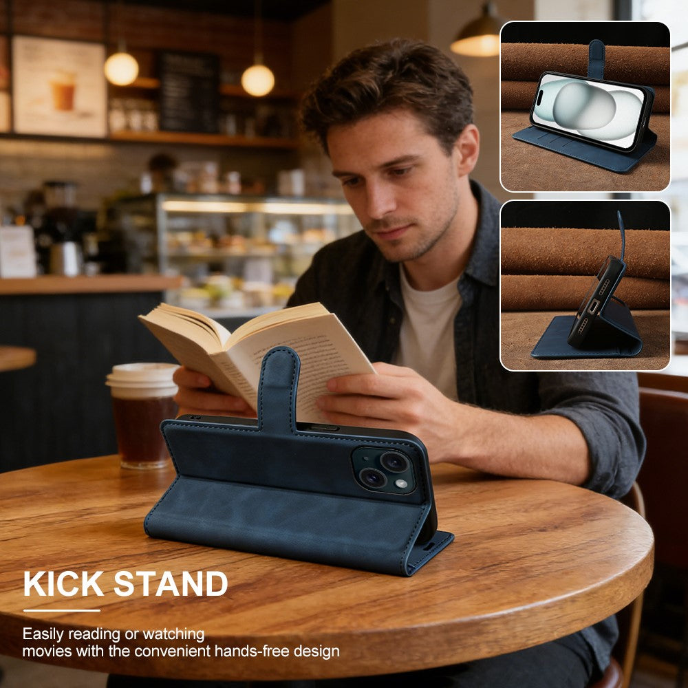 For iPhone 15 Plus Wallet Stand Case Card Slots Skin-feel TPU + PU Leather Flip Cover