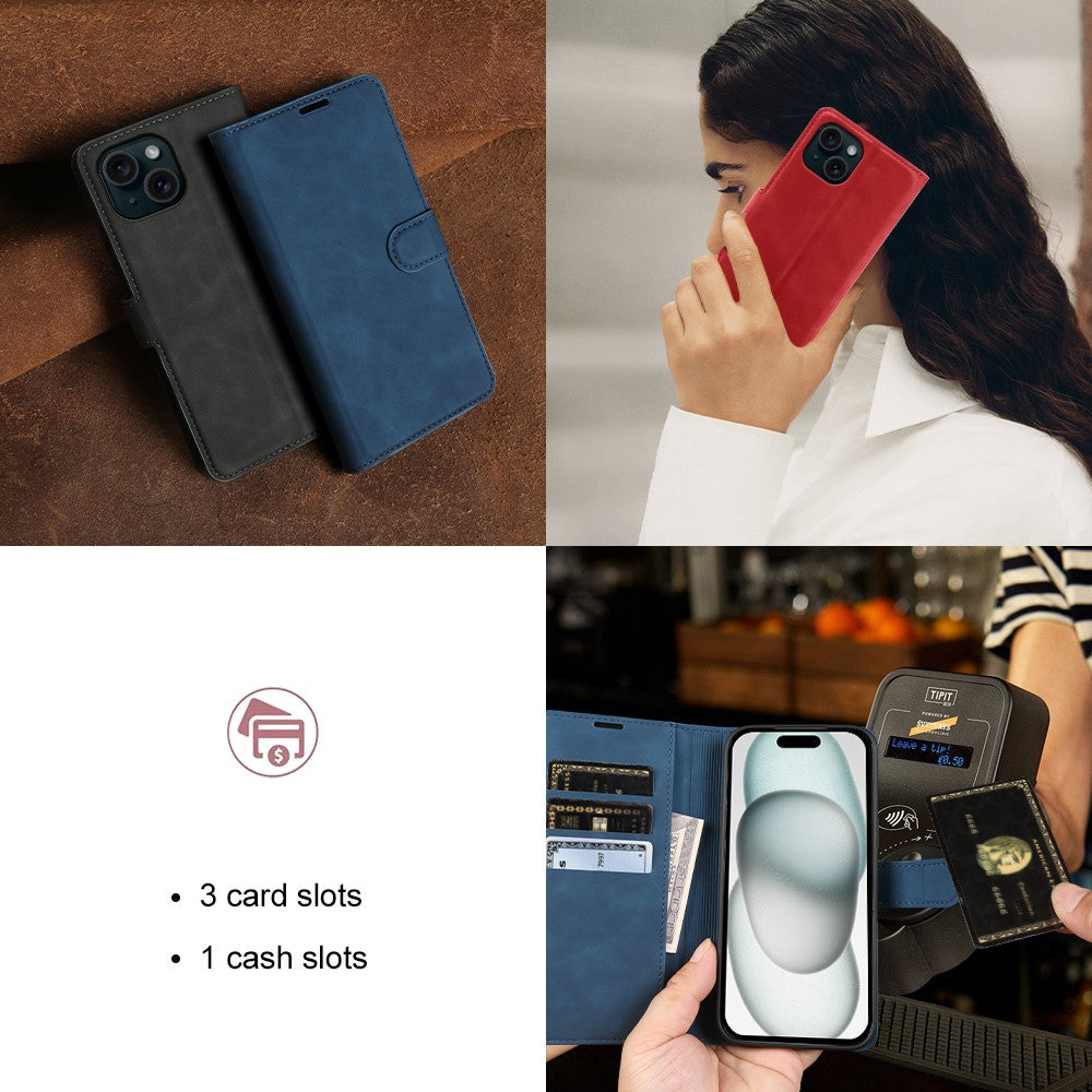 For iPhone 15 Plus Wallet Stand Case Card Slots Skin-feel TPU + PU Leather Flip Cover