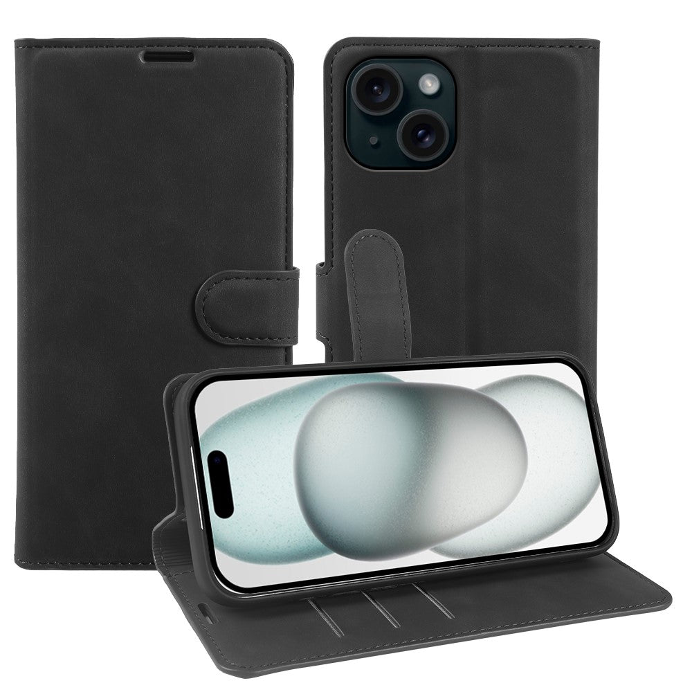 For iPhone 15 Plus Wallet Stand Case Card Slots Skin-feel TPU + PU Leather Flip Cover