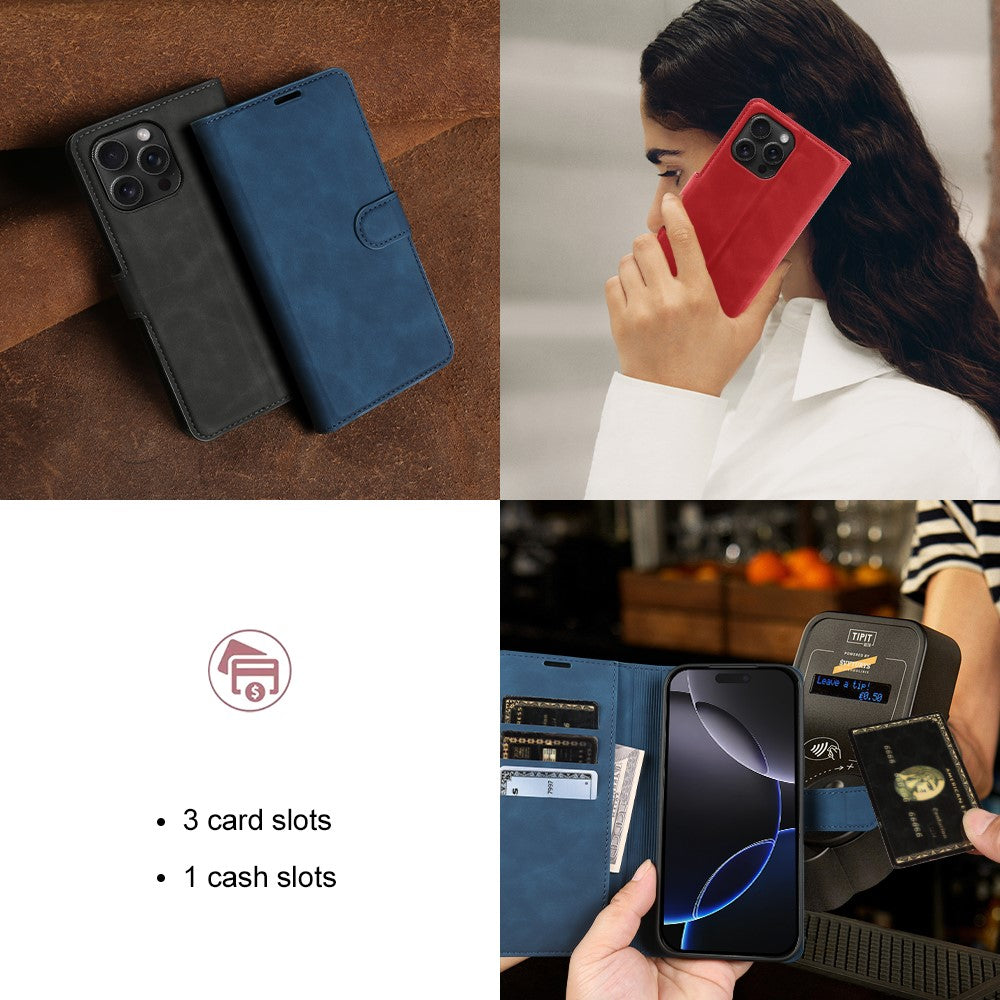 For iPhone 16 Pro Max Wallet Stand Case Card Slots Skin-feel TPU + PU Leather Flip Cover