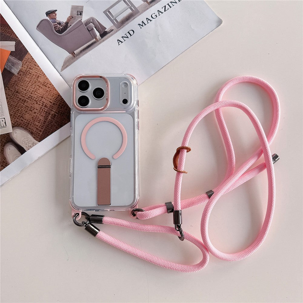 For iPhone 17 Pro Max Magnetic Case with Kickstand and 3-in-1 8mm 220cm Length Strap PC TPU Phone Cover