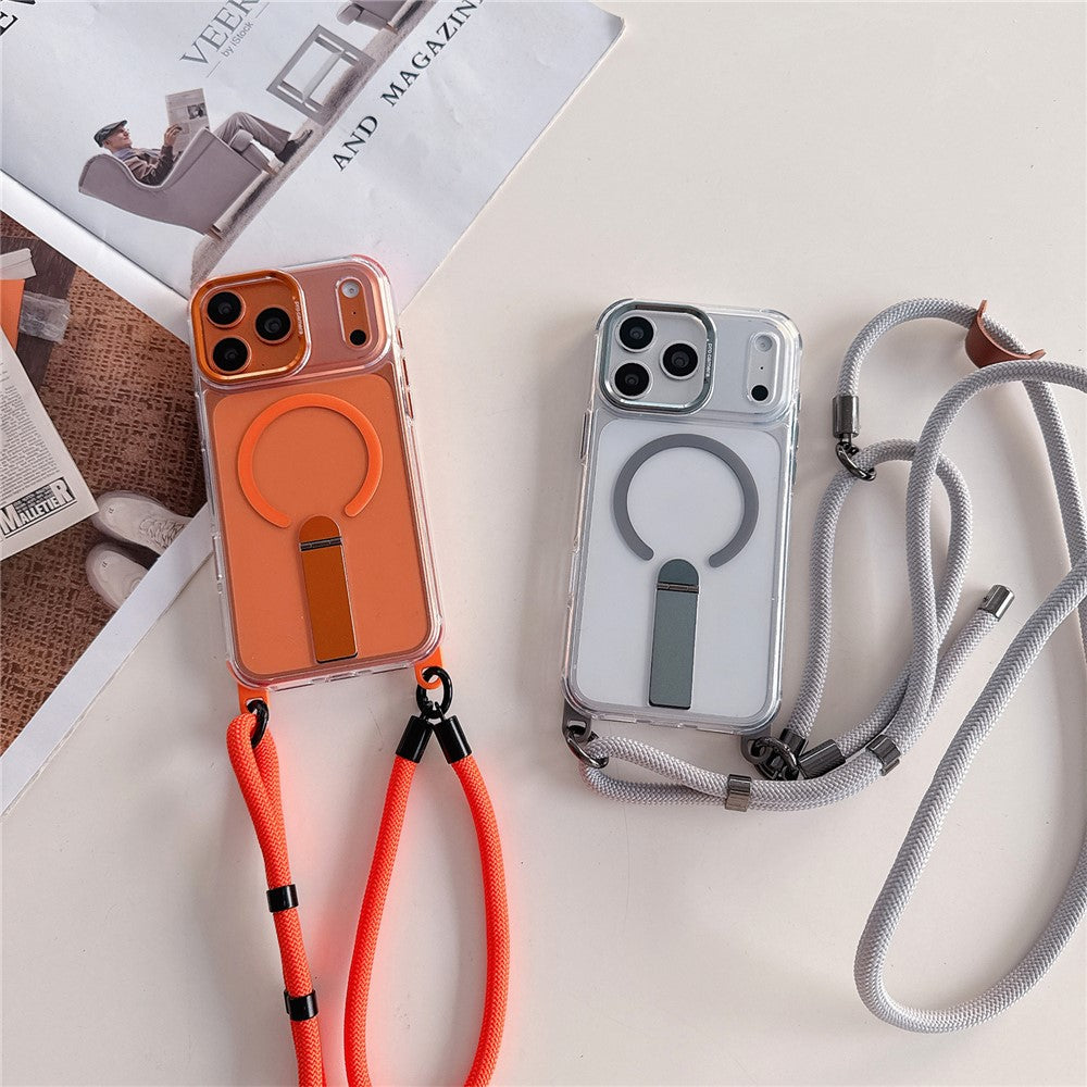 For iPhone 17 Pro Max Magnetic Case with Kickstand and 3-in-1 8mm 220cm Length Strap PC TPU Phone Cover