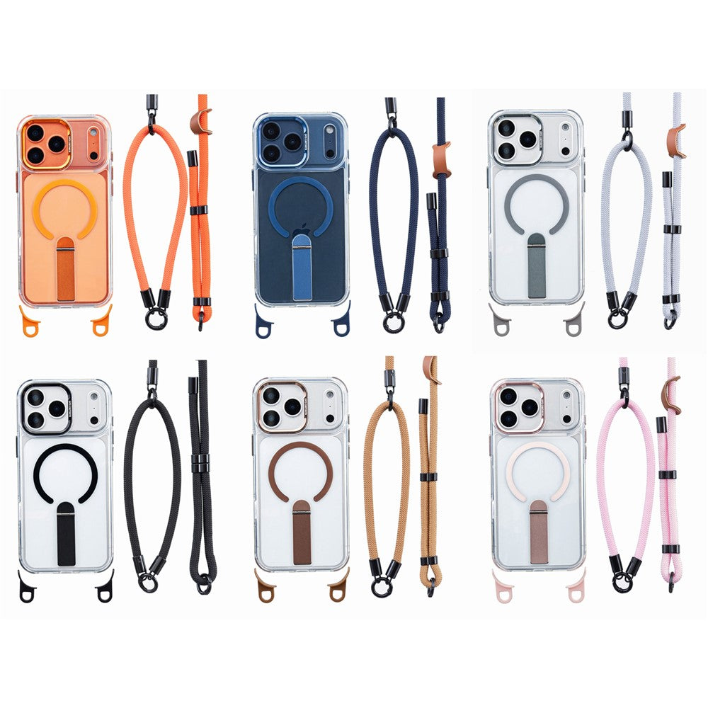 For iPhone 17 Pro Max Magnetic Case with Kickstand and 3-in-1 8mm 220cm Length Strap PC TPU Phone Cover