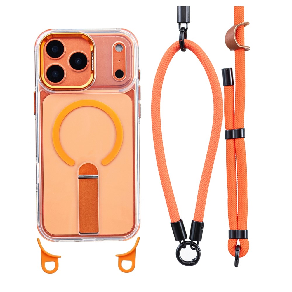 For iPhone 17 Pro Max Magnetic Case with Kickstand and 3-in-1 8mm 220cm Length Strap PC TPU Phone Cover