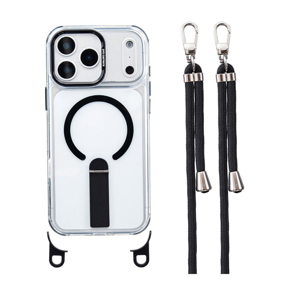 For iPhone 17 Pro Magnetic Phone Case with Kickstand and 2-in-1 6mm 150cm Length Strap PC TPU Phone Cover