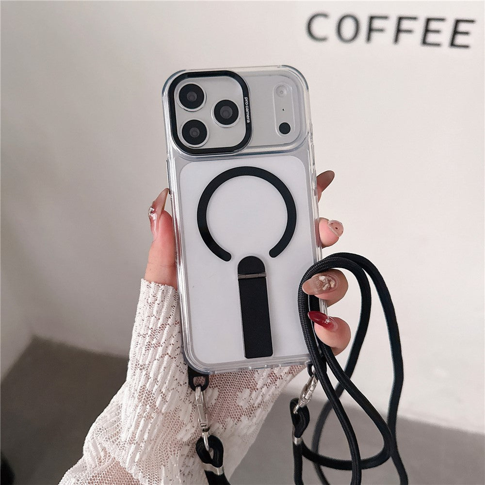 For iPhone 17 Pro Magnetic Phone Case with Kickstand and 2-in-1 6mm 150cm Length Strap PC TPU Phone Cover