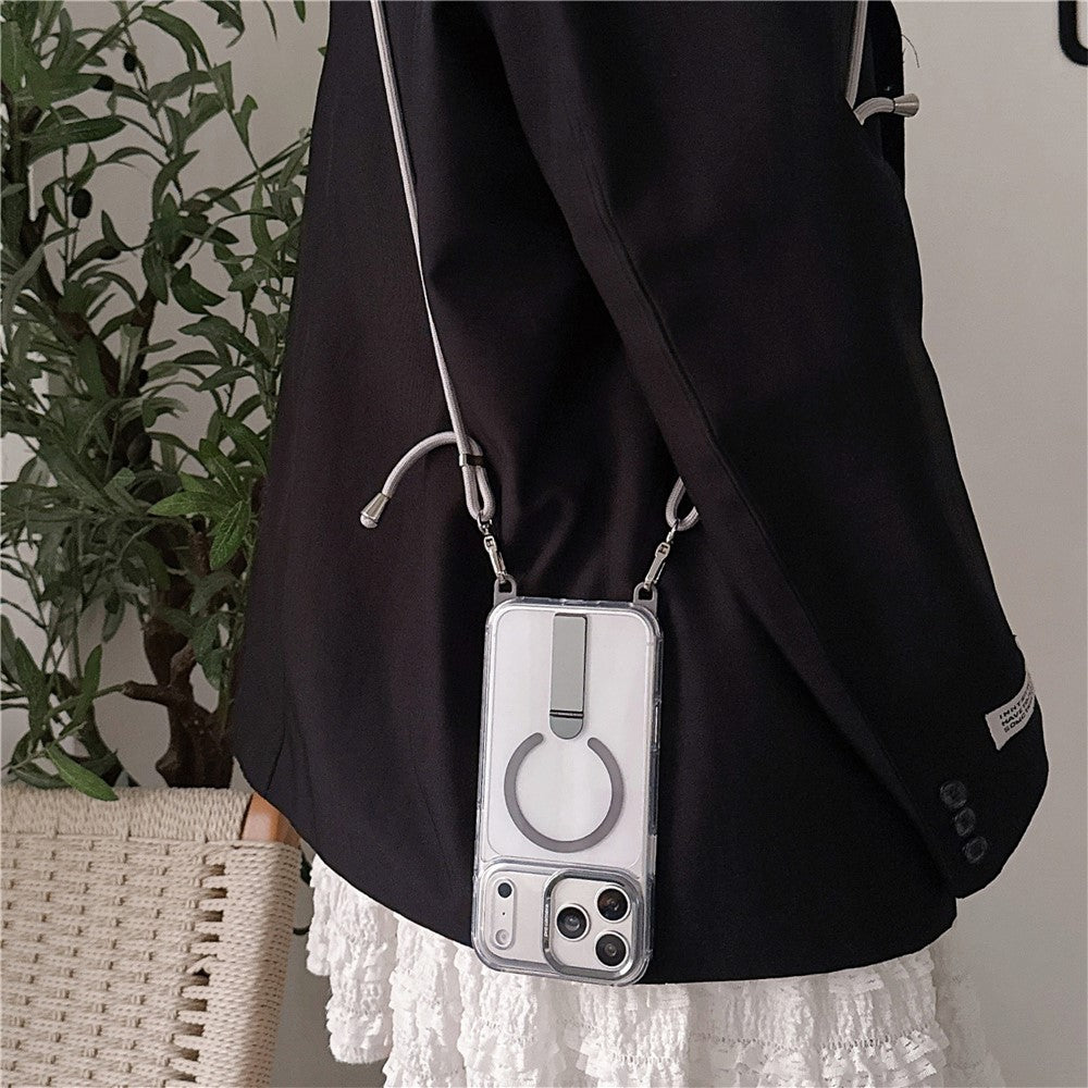 For iPhone 17 Pro Magnetic Phone Case with Kickstand and 2-in-1 6mm 150cm Length Strap PC TPU Phone Cover