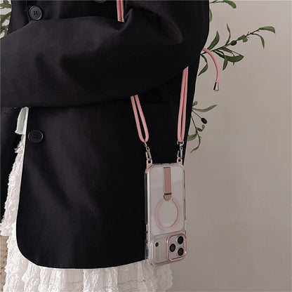 For iPhone 17 Pro Magnetic Phone Case with Kickstand and 2-in-1 6mm 150cm Length Strap PC TPU Phone Cover