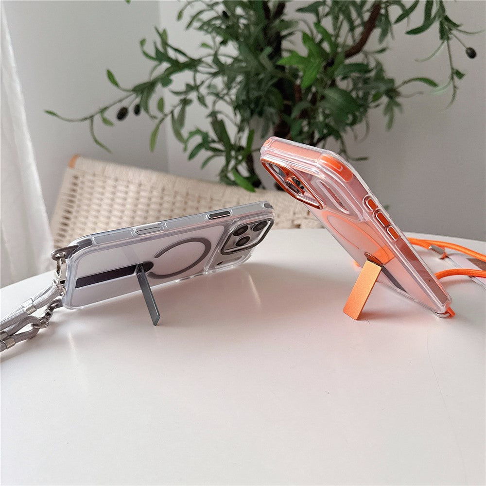 For iPhone 17 Pro Magnetic Phone Case with Kickstand and 2-in-1 6mm 150cm Length Strap PC TPU Phone Cover
