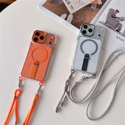 For iPhone 17 Pro Magnetic Phone Case with Kickstand and 2-in-1 6mm 150cm Length Strap PC TPU Phone Cover