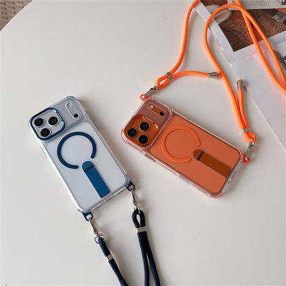 For iPhone 17 Pro Magnetic Phone Case with Kickstand and 2-in-1 6mm 150cm Length Strap PC TPU Phone Cover