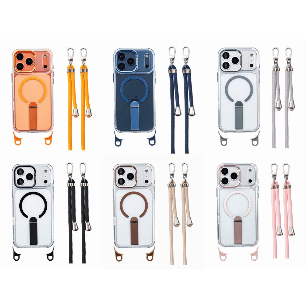 For iPhone 17 Pro Magnetic Phone Case with Kickstand and 2-in-1 6mm 150cm Length Strap PC TPU Phone Cover