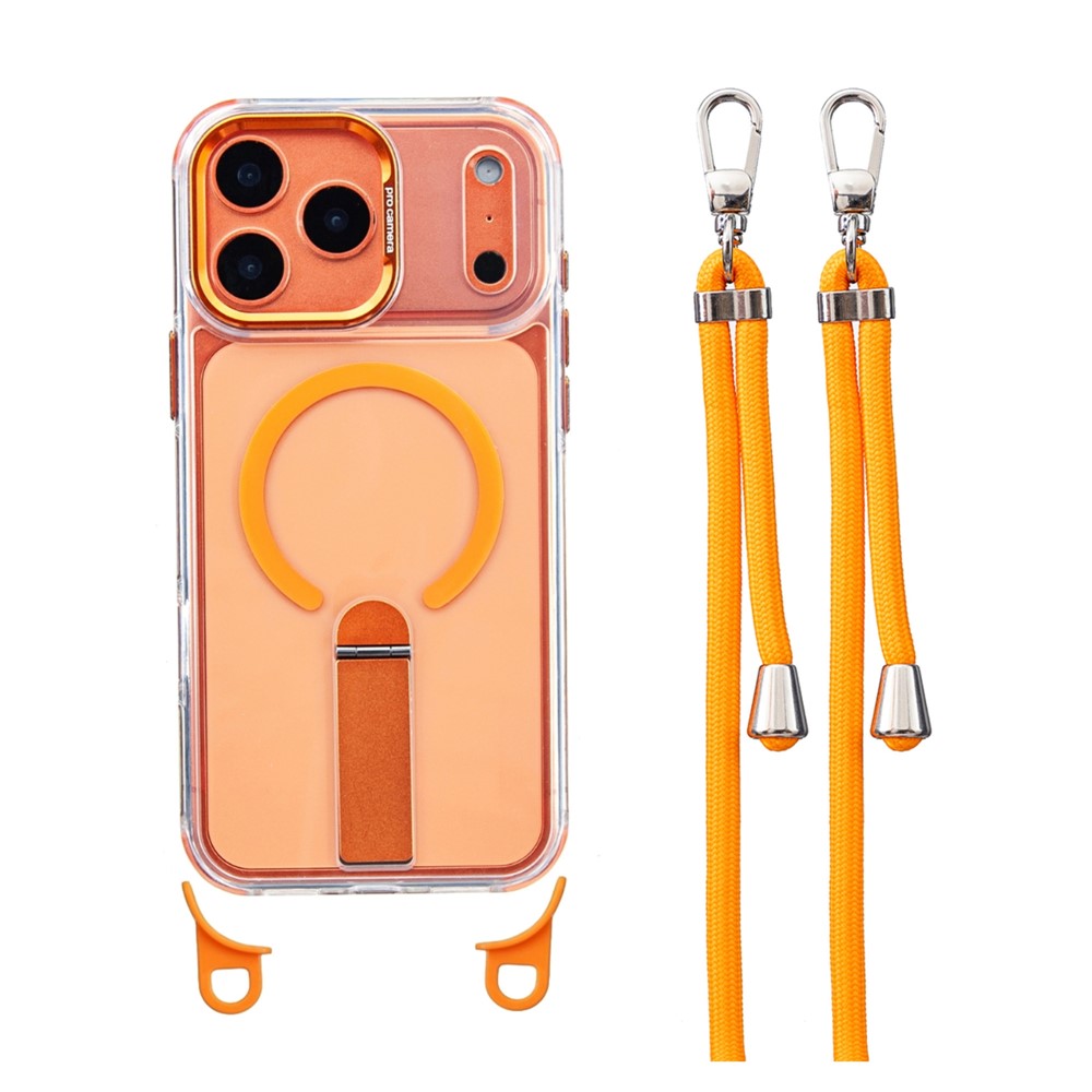 For iPhone 17 Pro Magnetic Phone Case with Kickstand and 2-in-1 6mm 150cm Length Strap PC TPU Phone Cover