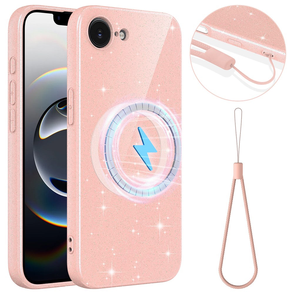 For iPhone 16e  /  17e Magnetic Case Glitter TPU Shockproof Phone Cover with Lanyard