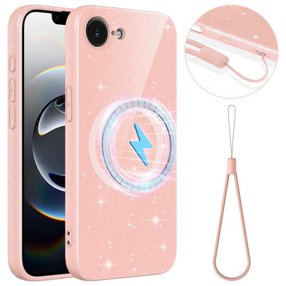 For iPhone 16e  /  17e Magnetic Case Glitter TPU Shockproof Phone Cover with Lanyard