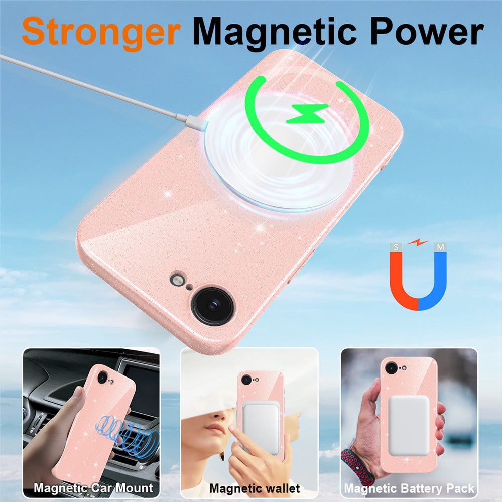 For iPhone 16e  /  17e Magnetic Case Glitter TPU Shockproof Phone Cover with Lanyard