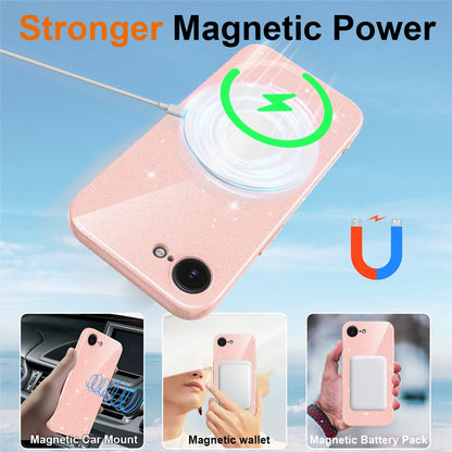 For iPhone 16e  /  17e Magnetic Case Glitter TPU Shockproof Phone Cover with Lanyard